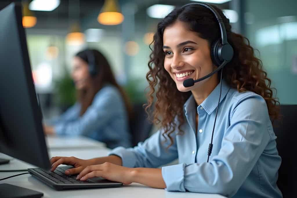 Smiling customer support agent wearing a headset at a desk